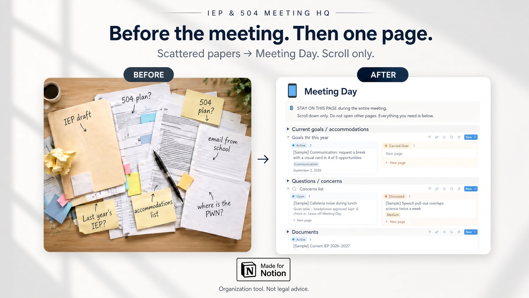 IEP & 504 Meeting HQ product visual from Whop — calm workspace for meeting plans, questions, and papers